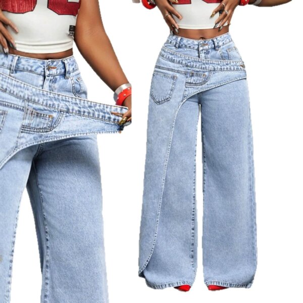 Double-layer crossover-waist wide-leg jeans 2 styles