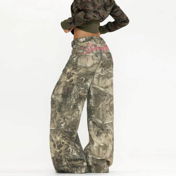 Vintage-style branch-pattern camouflage utility jeans